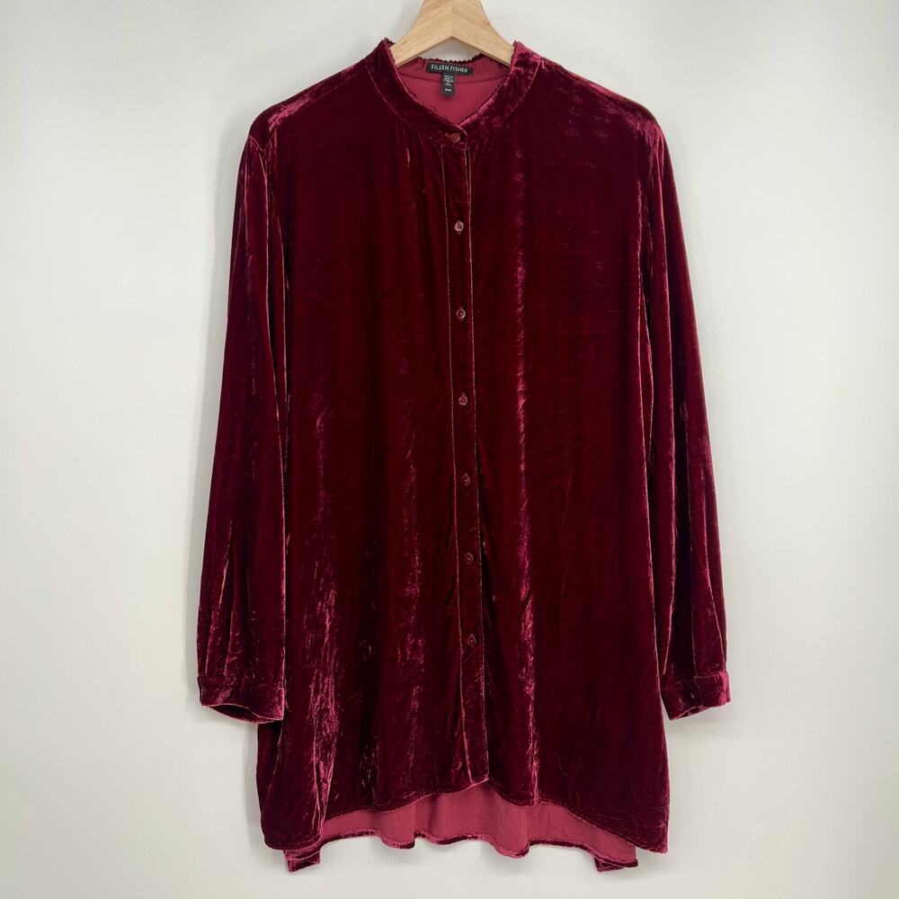 Eileen Fisher Velvet Mandarin Collar Tunic Top M Burgundy Shirt Dress Button Up